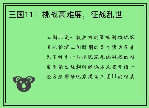 三国11：挑战高难度，征战乱世